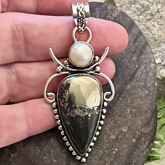 Apache Pyrite & Natural Pearl Sterling Silver Gemstone 2.5” Pendant - Picture 3 of 6